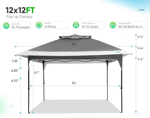 Quictent 12'x12' Pop up Gazebo Canopy Tent, One Person Set up Portable Instant Folding Shelter, Outdoor Canopy Tent with Extra Shade for Backyard, Patio, Party - color: Gray, size: 12x12