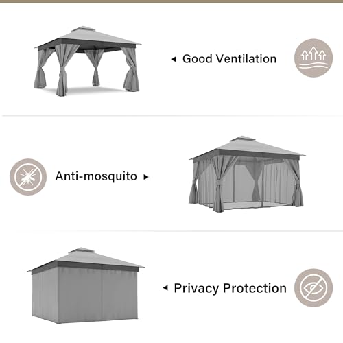 LAUSAINT HOME Gazebo 12x12ft, Heavy Duty Patio Gazebo with Expansion Bolts, Party Canopy Tent with Double Roofs, Mosquito Nettings and Privacy Screens for Backyard, Garden, Lawn, Grey - color: Gray, size: 12'x12'