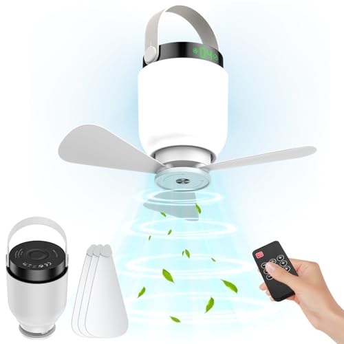 Rechargeable Camping Fan with LED Lantern, 2 in 1 Portable Small Ceiling Fan with Light for Outdoor Tent Gazebo Patio RV, USB C Battery Powered White Fan with Remote, Detachable 3 Blade Hanging Fan
