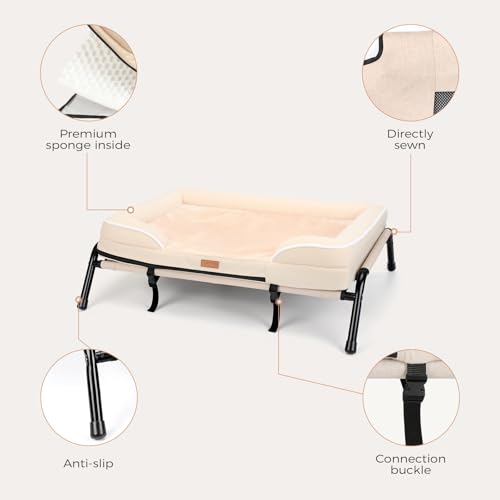 Lekereise Raised Dog Bed for Small Dog 32x25 Inch, Orthopedic Pet Beds with Waterproof Egg Crate Foam, Removable Dogs Couch Bed for Indoor Outdoor, 2-in-1 Design, Load 40lb, Beige