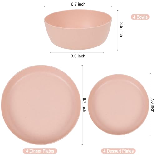 EI 12pcs Pink Wheat Straw Plates,Wheat Straw Dinnerware Set for 4,Plates and Bowls Sets,Plastic Plate Reusable,Unbreakable Plastic Plate Melamine,Camping Family Dishes Set - color: Pink Wheat Straw Plates and Bowls