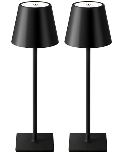 KDG 2 Pack Cordless Table Lamp, Portable LED Desk Lamps, 5000mAh Battery Operated, 3 Color Stepless Dimming Up, for Restaurant, Bedroom, Outdoor Camping, Coffee Shop, Night Light, Rechargeable (Black) - color: Black-2