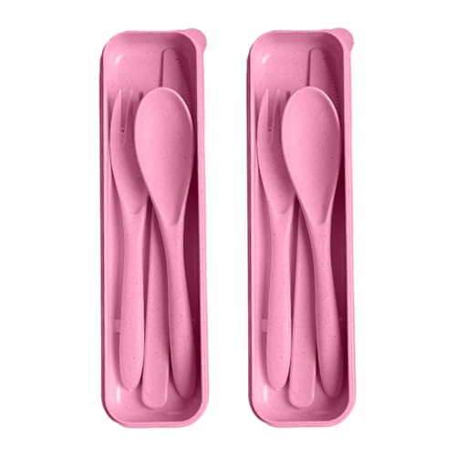 Pink Utensil set Travel Silverware with Case, 2 Sets Reusable Utensils Set with Case, Wheat Straw Utensils for Lunch Box Accessories, Camping Utensils for Work Lunch or Daily Use (Pink) - color: Pink