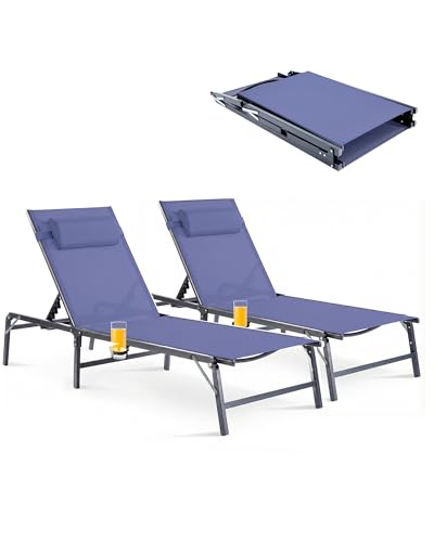 2 Pack Foldable Chaise Lounge Chair with Cup Holder, Assemble-Free Outdoor Lounge Chair with Detachable Pillow and 6 Adjustable Backrest, Patio Lounge Chair for Outside Poolside Beach Pool, Blue - color: Blue, size: 2-Pack