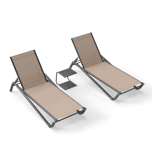 3-Piece Patio Chaise Lounge Set with Side Table, Set of 2 Adjustable Pool Chairs and Aluminum Bistro Table, All-Weather Outdoor Furniture for Pool Deck, Patio & Tanning, Beige - color: Beige, size: 3-Piece Set: 2 Chairs + 1 Table