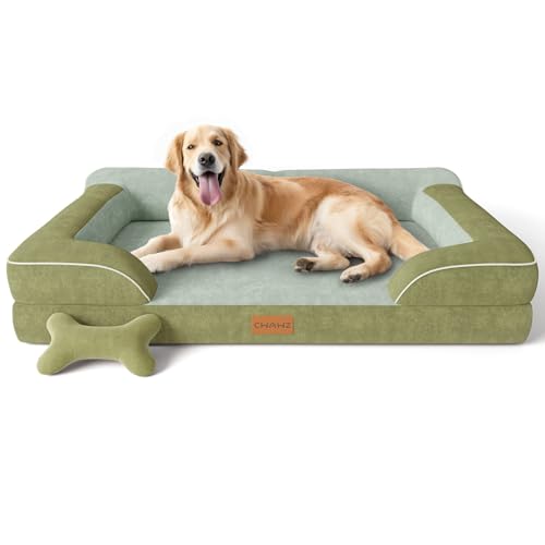 CWAWZ Extra Large Dog Bed, Orthopedic Dog Bed with Cooling Gel Memory Foam, Waterproof XL Pet Bed with Removable Washable Cover, 42" Pet Sofa Couch Dutch Velvet with Bone Toy, Dark Green - color: Dark Green, size: X-Large(42"L x 30"W x 9.5"Th)