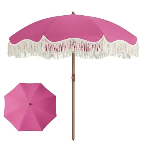 7ft Patio Umbrella with Fringe, Boho Beach Umbrellas, Outdoor Tassels Umbrellas with Push Button Tilt & Carrying Bag, 8 Windproof Fiberglass Ribs, UPF50+ - color: Rose Pink