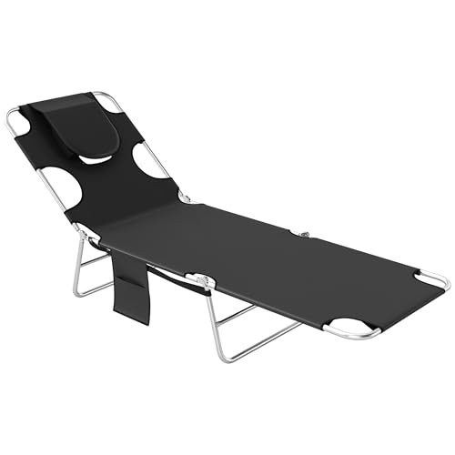Outsunny Chaise Lounge Chair Outdoor with Face Arm Hole, 5-Position Reclining Face Down Tanning Chair with Carry Strap, Side Pocket, Portable Folding Bed Cot for Patio Beach Pool, Black - color: Black, size: 1 Piece
