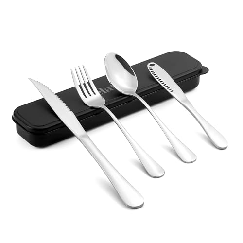 5-pieces Travel Set with Case Portable Silverware Utensils Set for work, Stainless Steel Reusable Flatware Set Cutlery Set for Camping Picnic Hiking Office (silver, 5.9) - color: Silver, size: 5.9 inch