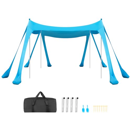 VEVOR Beach Tent Sun Shelter, UPF50+ Sun Protection, 6.6 ft Tall, 10 x 10 ft, Easy Pop Up Beach Canopy with Sandbags, Stability Poles, Sand Shovels, Portable Shade for Family, Camping, Fishing, Blue
