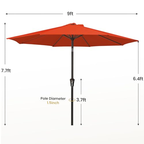 MEWAY 9ft Patio Umbrella Outdoor Table Umbrellas with Push Tilt and Crank, Market Umbrella 8 Sturdy Ribs for Deck, Garden, Pool and Backyard, Red Orange - color: Red Orange, size: 9ft