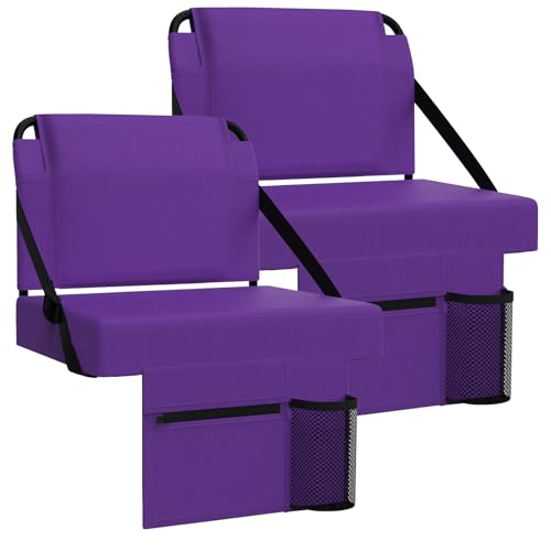 2pcs Stadium Seat for Bleachers with Back Support，Portable Bleacher Chairs with Back and Cushion，Includes Shoulder Strap and Cup Holder - color: Purple,2 Pack