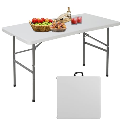 JupiterForce 4ft Folding Table, Indoor Outdoor Portable Plastic Picnic Table, Heavy Duty Rectangular Party Camping Dining Table with Carrying Handle, White - color: White, size: 4FT