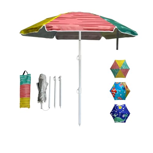 LOTTAFUN Water Table Kid Umbrella 5ft Beach Umbrella - Heavy Duty Wind Resistant UV 50+ Portable Sun Shade with Sand Anchor & Carry Bag, Outdoor Folding Umbrella for Beach,Pool,Patio,Garden (3 Color Block) - color: Three colors