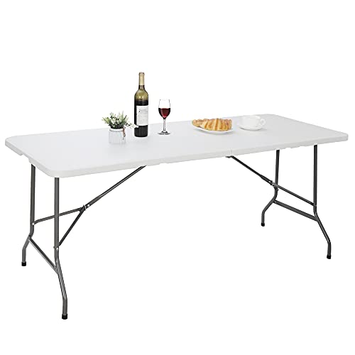 JupiterForce 6ft Plastic Folding Table Indoor Outdoor Portable Heavy Duty Foldable Camping Table, Fold-in-Half Utility Table Dining Picnic Table for Party Wedding Event, White - color: White, size: 6FT