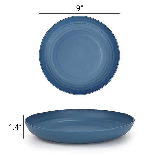 Homienly Deep Dinner Set of 12 - Alternative for Plastic, Microwave and Dishwasher Safe Wheat Straw Plates for Kitchen, Unbreakable Kids (Blue, 9 Inch) - color: 12 PCS Blue, size: 9 IN