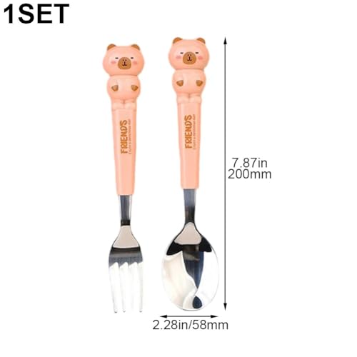 Capybara Spoon and Fork Set, Camping Utensils Cartoon Capybara Kids Dinnerware Student School Ladle Cutlery Portable Children Tableware