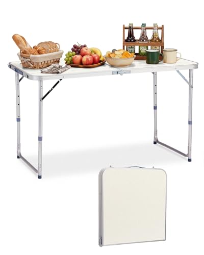 Outvita 4ft Portable Folding Camping Table, Outdoor Waterproof Adjustable Height Table, Aluminum Lightweight Suitcase Foldable Table for Picnic BBQ Beach Dining - color: Silver, size: 47*24*28