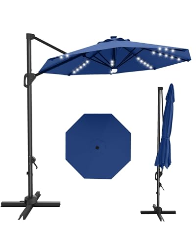 9ft Outdoor Patio Umbrella Heavy Duty 8 Ribs, Waterproof UV Protection Sun Shade with Crank Lift & Push Button Tilt, Outdoor Umbrella for Deck, Pool, Garden, Backyard, Lawn - color: Navy Blue&Round-Lights, size: 10FT Roman