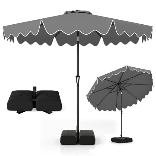 Tangkula 9 FT Patio Umbrella with Base Included, 2-Tiers Outdoor Scalloped Table Umbrella with 2 Sandbags, Tilt Adjustment, Crank, 8 Ribs for Market Backyard Pool Deck Beach Lawn - color: Gray, size: 9 FT