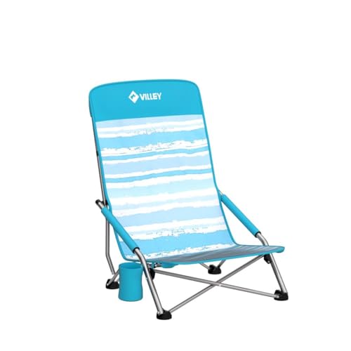 VILLEY Low Beach Chair, High Back Folding Chair for Adults, Lightweight and Portable for Outdoor, Camping, Lawn, Music Festival, with Cup Holder and Carry Bag - Blue Stripes - color: Blue Stripes