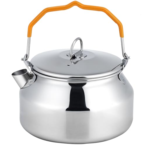 Camping Kettle, Portable Stainless Steel 1.4L Food Grade Water Kettle, Large Opening with Heat-Resistant Handle, Suitable for Gas, Induction Cooktop, Open Flame, Electric Stove, Silver