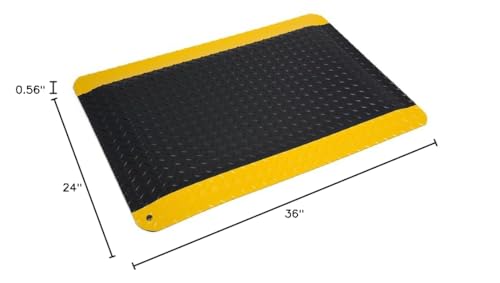 Wearwell Diamond-Plate Select Mat - Black/Yellow. Anti-Fatigue Workstation Mat. 2' W x 3' L x 9/16" Thickness. PVC Vinyl Surface with PVC Sponge. For Dry Industrial Use (495.916x2x3BYL) - size: 36"L x 24"W x 0.6"Th