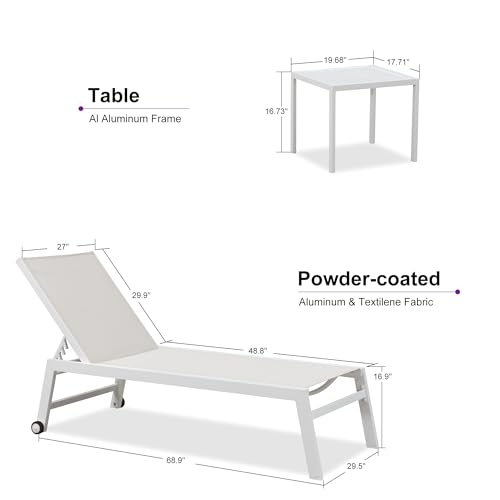 PURPLE LEAF Oversize Chaise Lounge Chair Outdoor 2 Pieces White Aluminum Lounge Chair with Wheels and Table for Pool Deck Patio, Linen - color: Linen, style: Oversize Inclining-leg