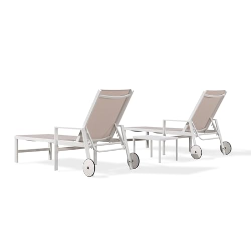 PURPLE LEAF Outdoor Lounge Chairs Set of 2 White Aluminum Chaise Lounge Chaisr Outdoor with Wheels and Armrest for Patio Deck Pool Side Table Include, Linen - color: Linen, style: Straight-leg w/ Armrest