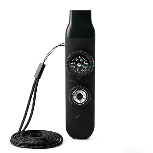 Multifunctional Survival Emergency Whistle for Kids with Compass Hiking Survival, Thermometer & Neck Lanyard | Emergency Safety Gear for Hiking, Camping, Kayaking, Boating, Climbing - color: obsidian black
