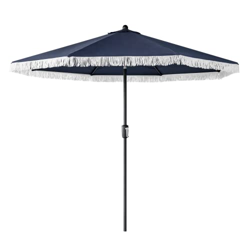 Tempera 9ft Auto Tilt Patio Umbrellas with Fringe, Outdoor Market Umbrellas with Fade Resistant Canopy, 8 Sturdy Rids, Luxurious Vintage Umbrellas for Lawn, Pool, Deck, Balcony - color: Navy, size: 9 FT