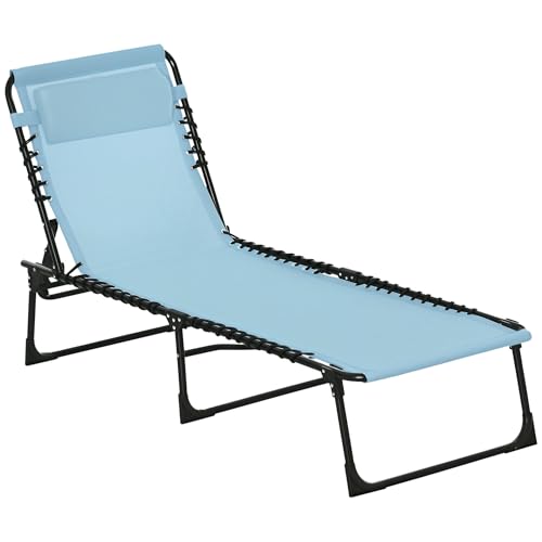 Outsunny Folding Chaise Lounge Chair, Patio Sun Tanning Chair, Outdoor Chaise Lounger with 4-Position Reclining Back, Breathable Mesh Seat for Beach, Poolside, Yard, Baby Blue - color: Sky Blue, size: 1 Pack