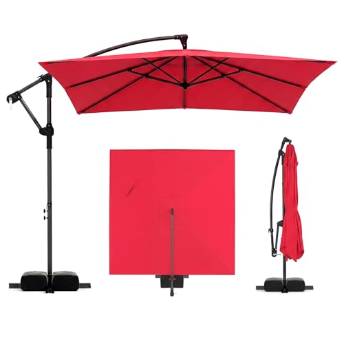 Tangkula 8x8 FT Patio Umbrella with Base Included, Square Offset Cantilever Outdoor Umbrella with 360 Degree Rotation, Crank Handle, Sandbags, 8 Ribs for Pool Deck Garden Backyard - color: Red, size: 8 FT