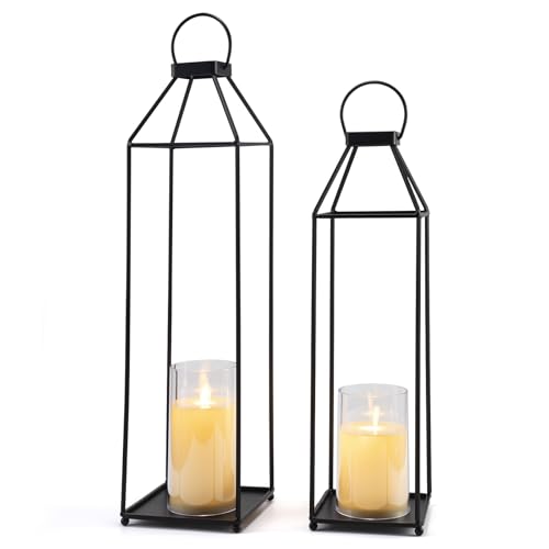 Outdoor Lantern Decorative 21.5" 18.3" Candle Lantern Set of 2 Porch Lantern Decorative Front Porch Lantern Tall Floor Lanterns Decor Indoor Battery Powered Candle Lantern Decor for Indoor Outdoor