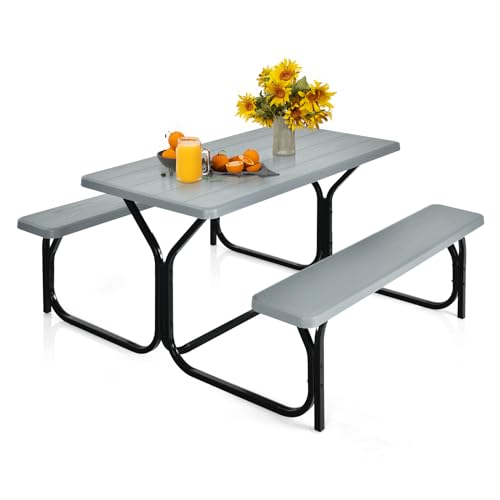 MEDIMALL Portable Picnic Table With Benches, Plastic Bench Set With Metal Frame & All Weather Tabletop, Large Camping Table for Outdoors, Backyard, Garden (Gray) - color: Grey