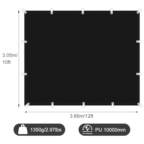 Black Waterproof Tarp Cover for Outdoor: Multi-Purpose Oxford Tarpaulin with Reinforced Webbing Loops for Camping Boat Pool Roof Tent - Durable and Tear Resistant (10ftx12ft) - size: 10x12ft