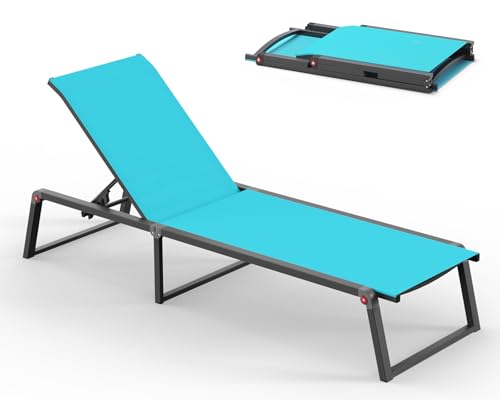 Aluminum Chaise Lounge Chair Outdoor, Foldable& No Assembly Patio Pool Lounge Chairs 5-Position Recliner for Outside, Fully Grounded Legs Sun Lounger for Poolside, Lake Blue - color: Lake Blue, size: 1