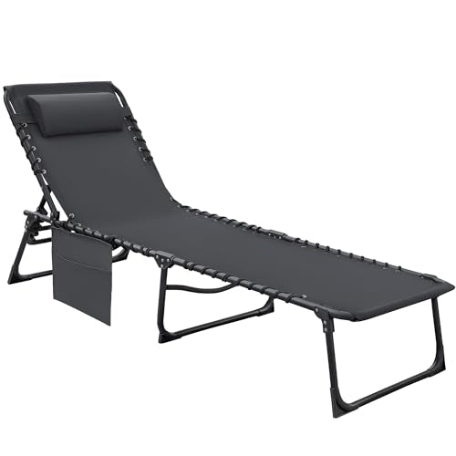 Flamaker Foldable Chaise Lounge Chair 5-Position Adjustable, Tanning Chair with Side Pocket, Outdoor Sunbathing for Pool, Beach, Patio, Lawn, Indoor Recliner Chair for Napping(Grey, 1 Pcs) - color: Grey, style: Normal, 1 Pcs