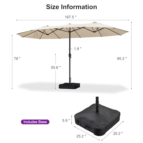PURPLE LEAF 14ft Patio Market Umbrella with Base Double-Sided Rectangle Outdoor Table Sun Umbrellas with Crank 12 Heavy Duty Sturdy Ribs for Pool Beach Deck Backyard Khaki - color: Beige, size: 14' X 8'
