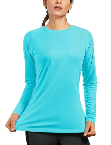 isnowood Women's Sun Protection Long Sleeve Shirts, UPF 50+ UV Rash Guard Swim Shirt, Workout Hiking Running Athletic Tops - color: Blue, size: Medium
