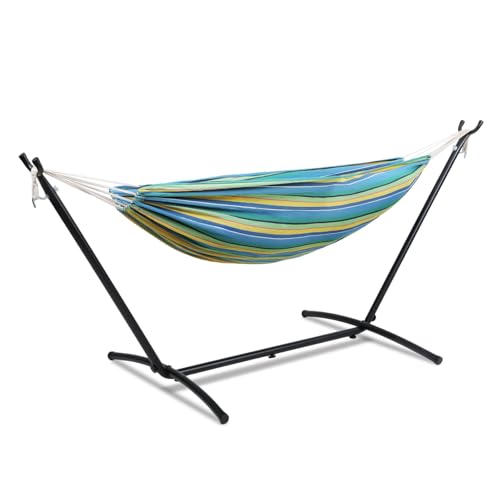 Athena Collection Double Hammock with Stand for Outside, Heavy-Duty Steel Stand 250 Lbs Weight Capacity, Portable Outdoor Hammock Swing with Carry Bag for Indoor, Outdoor, Backyard, Blue Yellow - color: Blue Yellow