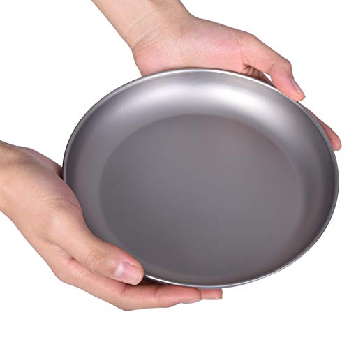 iBasingo Titanium Plate 18.5cm Ultralight Camping Dinner Plate, Reusable Metal Dish for Steak, Dessert Portable Round Tray with Mesh Bag for Backpacking, Hiking, Picnic Ti1103T - color: L-Ti1103T