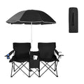 Double Camping Chair, 2-Person Portable Beach Chair w/Removable Umbrella, Cup Holders & Carrying Bag, Folding Loveseat Chairs for Adults Outdoor Picnic (Black) - color: Black