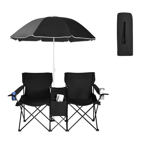 Double Camping Chair, 2-Person Portable Beach Chair w/Removable Umbrella, Cup Holders & Carrying Bag, Folding Loveseat Chairs for Adults Outdoor Picnic (Black) - color: Black