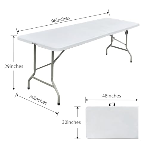 8ft Folding Table 96 inch, Heavy Duty 8 Foot Portable Plastic Foldable Table with Handle and Fold-in-Half Design, Blow Molded Tabletop for Outdoor, Indoor, Party, Dining and Camping, White - size: 8FT