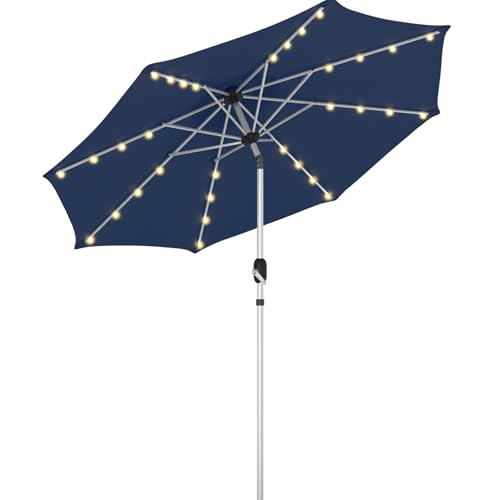 9FT Aluminum Patio Umbrella with 40-LED Solar Lighted, Fade-Resistant Outdoor Market Table Umbrella with Push Button Tilt Function, 8 Sturdy All-Aluminum Ribs for Gardens, Decks, Backyards & Pools - color: Navy Blue, size: 9FT 40LED-1Tier (Aluminum Umbrel