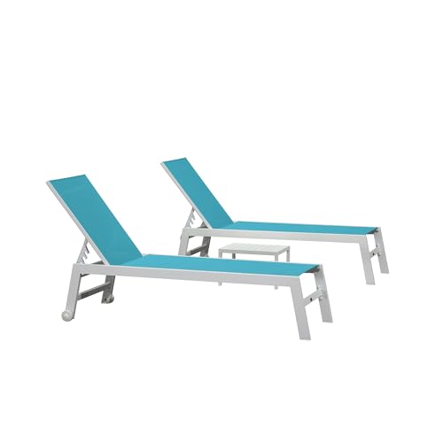 PURPLE LEAF Patio Lounge Chair 2 Pieces White Aluminum Outdoor Chaise Lounge for Pool Backyard Beach with Wheels and Table, Turquoise - color: Turquoise, style: Standard Inclining-leg