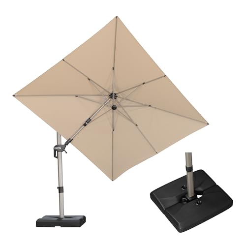 PURPLE LEAF 8' X 10' Left-right Tilting Patio Umbrella with Base Outdoor Swivel Cantilever Offset Aluminum Umbrella with Champagne Frame and 360-degree Rotation for Garden Deck Pool, Beige - color: Beige, size: 8' x 10'(Tilt)