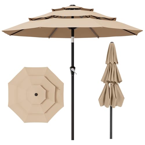 AreShark 9ft 3-Tier Patio Umbrellas, Outdoor Umbrella with 8 Sturdy Ribs UV Protection Windproof, Market Table Umbrella w/Push Button Tilt & Crank for Pool, Porch, Deck, Garden(Beige) - color: Beige