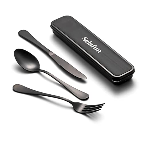 4-pieces Travel Set with Case Portable Silverware Utensils Set for work, Stainless Steel Reusable Flatware Set Cutlery Set for Camping Picnic Hiking Office (8inch, Matte Black) - color: Matte Black, size: 8 inch